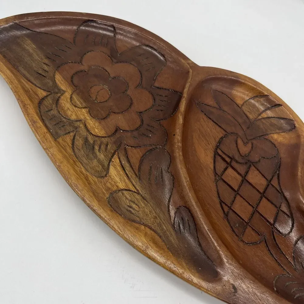 Hand Carved Monkeypod Freeform Wood Tray Leaf Shape Flower Designs 3‎ Sections